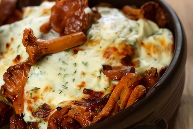 Горячая грибная закуска в винном соусе под сыром