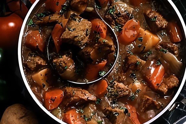 Говядина по-бургундски с жемчужным луком