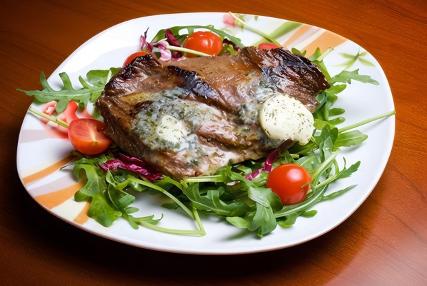 Говядина с маслом из пармезана, бальзамической глазурью на подушке из рукколы