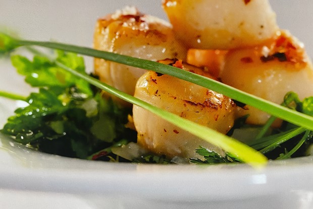 Гребешки, обжаренные в оливковом масле с чесноком и зеленым соусом пебре