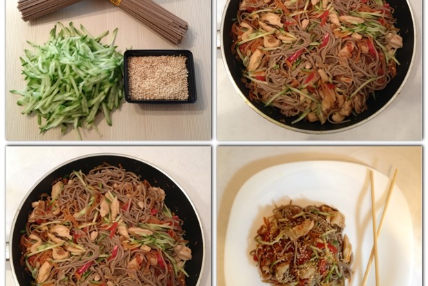 Гречневая лапша по-японски с курицей и овощами