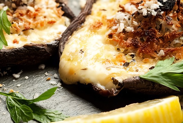 Грибы фаршированные рикоттой, фетой и шпинатом, под корочкой из пармезана