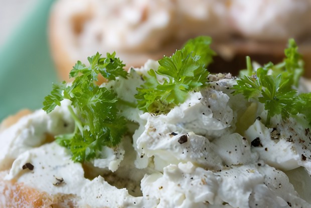 Хрустящий французский багет с паштетом из яиц, чили, петрушки и карри