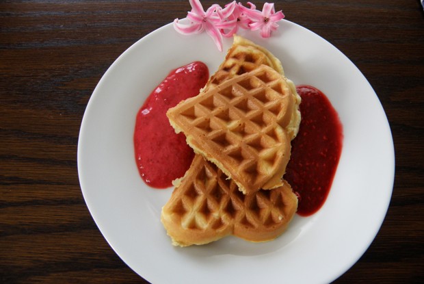 Яблочные вафли с малиновым соусом