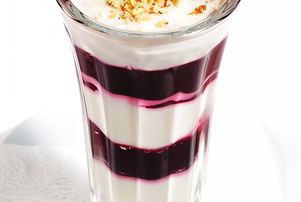 Йогурт с ягодным пюре, фисташками и кедровыми орешками