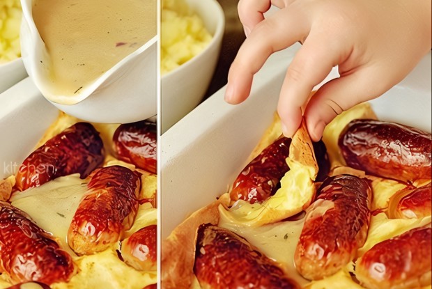 Йоркширский пудинг с колбасками в луковом соусе