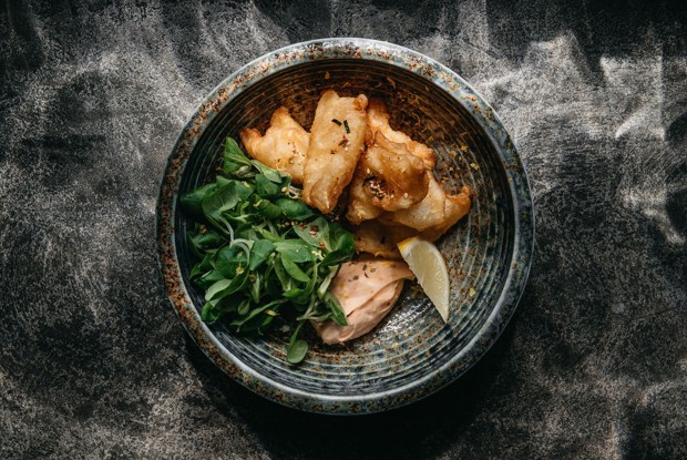 Кальмар в темпуре с зеленым салатом