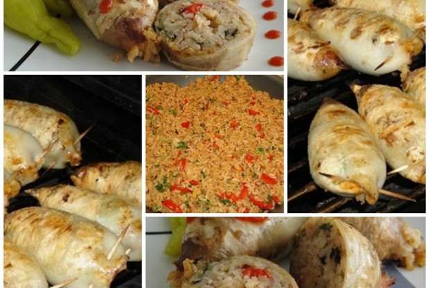 Кальмары с рисом на гриле
