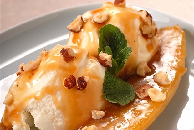 Карамелизованные бананы с ромовым соусом и орехами