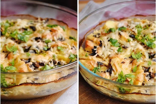 Картофельный гратен с курицей и грибами