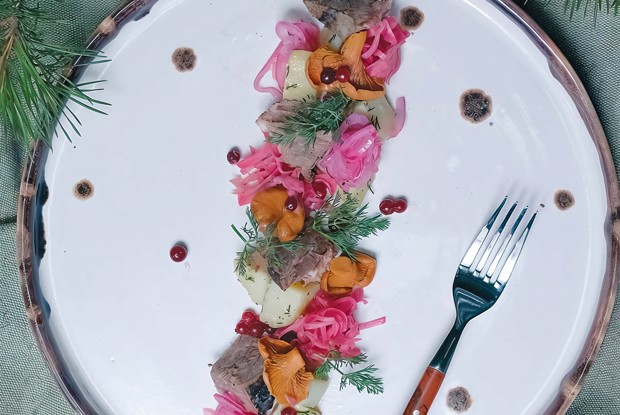 Коми-пермяцкий салат с солониной из лосятины, квашеной капустой, моченой брусникой и толченым картофелем