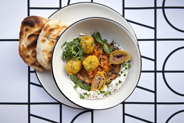 Козий сыр с жареными оливками и соусом из печеных перцев