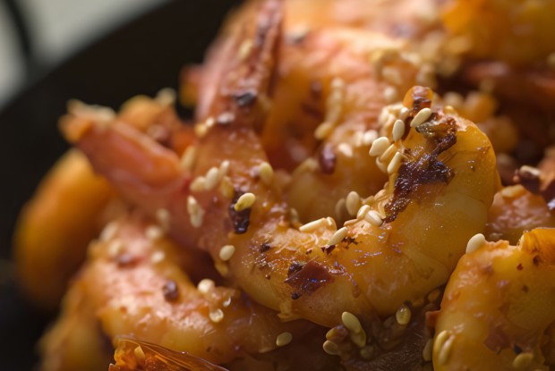 Креветки в апельсиновой глазури и кунжуте