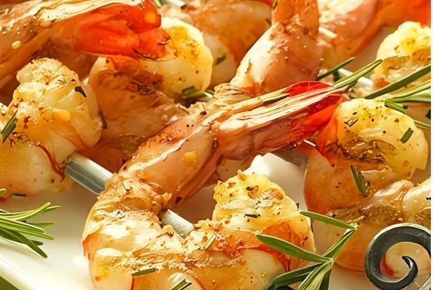 Креветки, жаренные на ветках розмарина