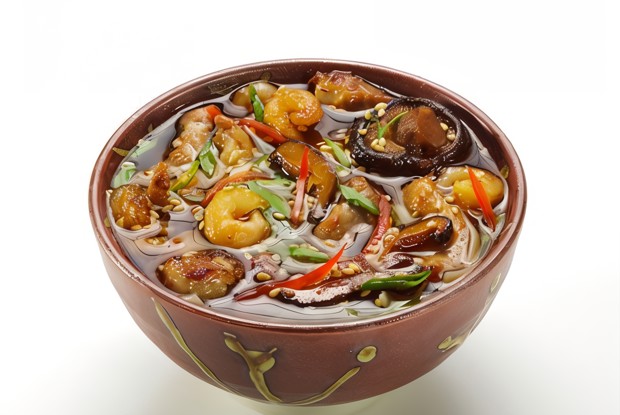 Курица и креветки с тофу, грибами и соевым соусом