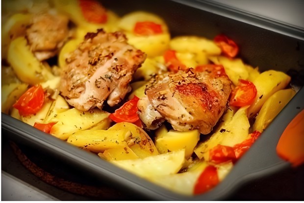 Курица, маринованная в кефире, запеченная с картофелем и травами