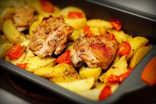 Курица с картофелем, запеченная в кефире с чесноком и травами