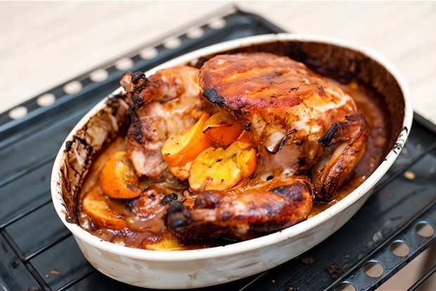 Курица, запеченная с апельсинами, в горчичном соусе