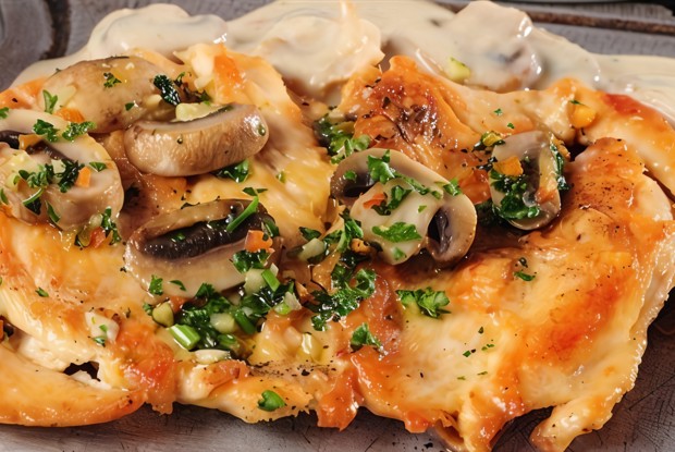 Куриное филе с грибами и сметанным соусом