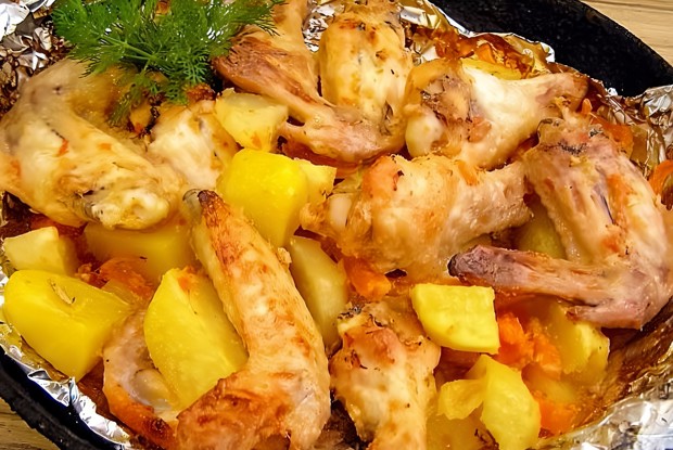 Куриные крылья с овощами в духовке