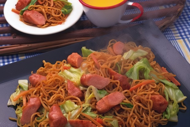 Лапша с сосисками и зеленым салатом