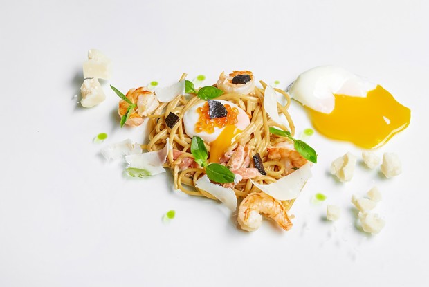 Лингвини карбонара с креветками