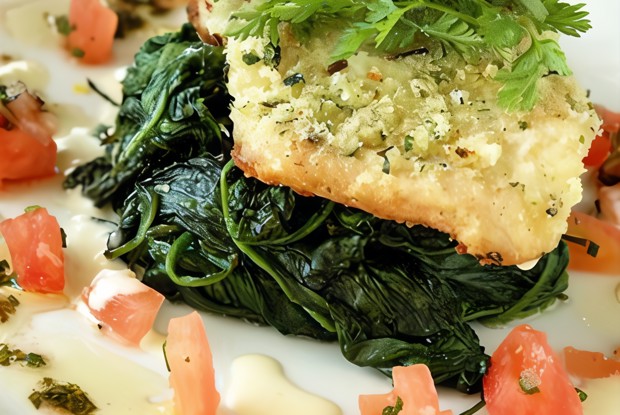 Лосось в корочке из чили и лайма с ароматной чечевицей в йогурте