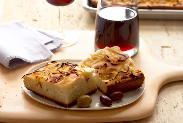 Луковая фокачча с оливками и красным вином