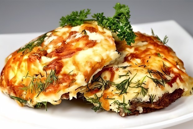 Мясо под апельсином и яблоком, запеченное с сыром и майонезом