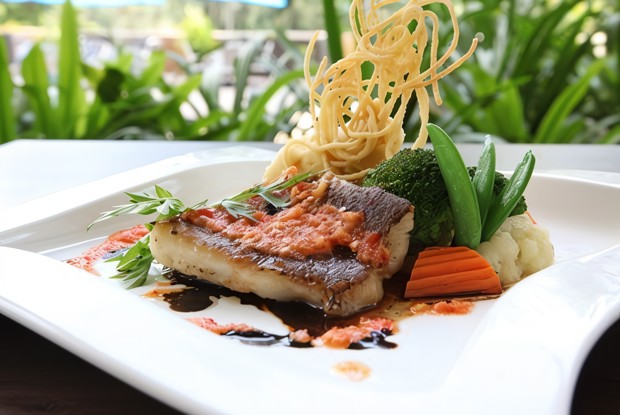 Морской окунь под винным соусом с томатами и перцами