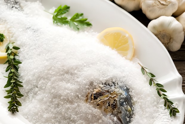 Морской окунь в соляной корке с травами