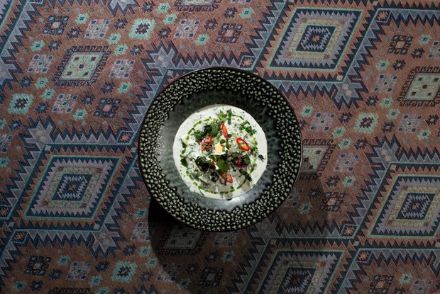 Окрошка на мацони с курицей и зеленой аджикой