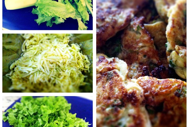 Оладьи из цукини с зеленым салатом, рукколой и базиликом