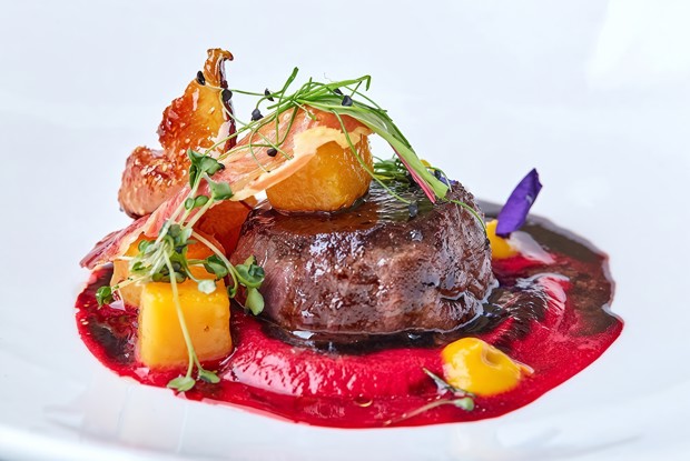 Оленина со свекольным муссом и терпким соусом из черной смородины