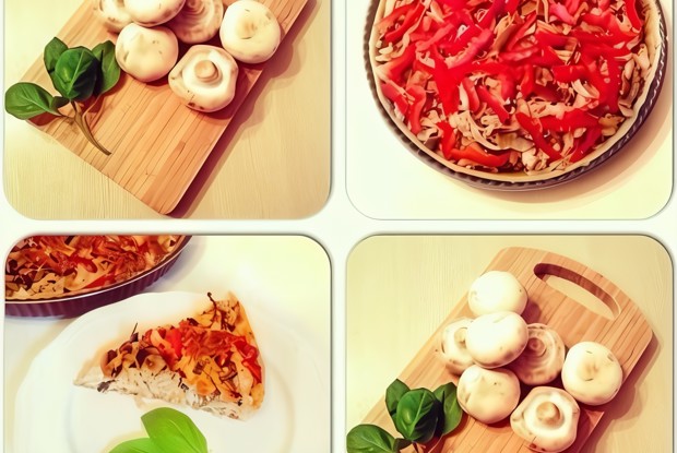 Открытый пирог с курицей, грибами и сладким перцем