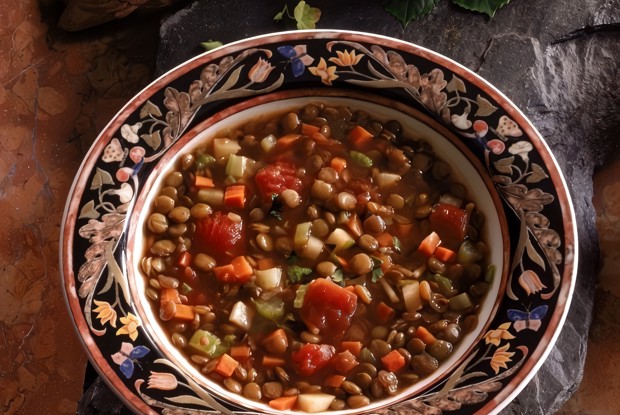 Овощной суп с чечевицей, грибами и беконом