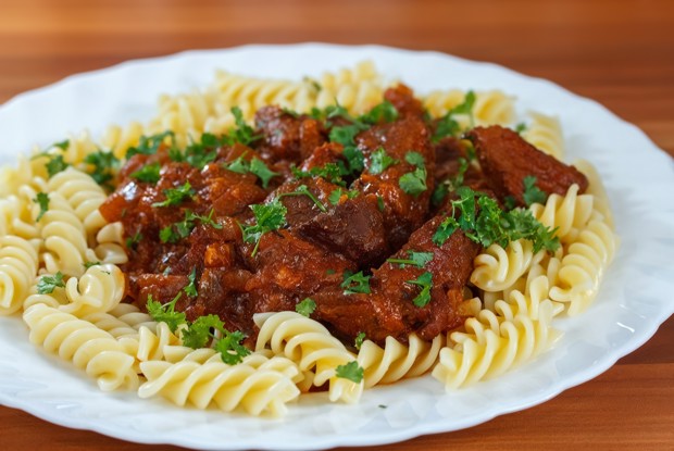 Паста с филе индейки, маринованным в пиве