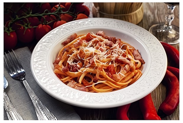 Паста с грудинкой, чесноком и помидорами