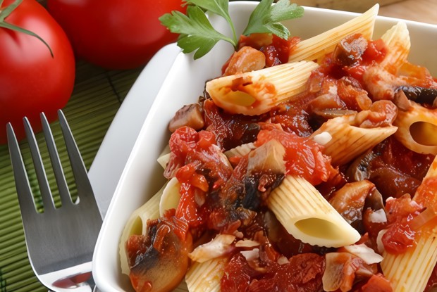 Паста с соусом из помидоров, анчоусов, каперсов и маслин