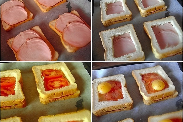 Печеные бутерброды с ветчиной, помидорами и яйцами
