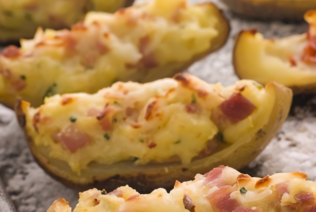 Печеные половинки картофеля с начинкой из сыра, ветчины и зеленого лука