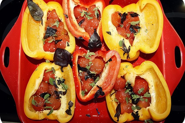 Перец запеченый с томатами черри, базиликом и майораном