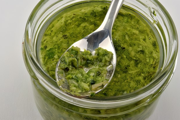 Песто из кинзы, миндаля и красного лука