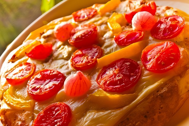 Пирог с помидорами, творожным сыром и базиликом