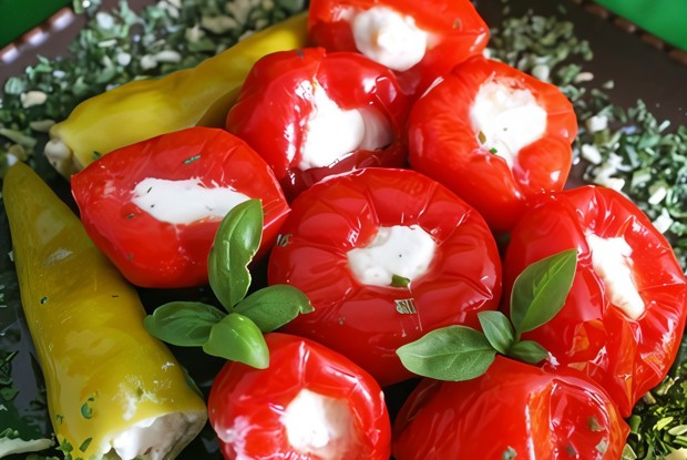 Разноцветные перцы фаршированные нежной сырно-чесночной начинкой