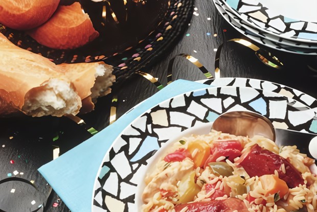 Рис с колбасками и беконом