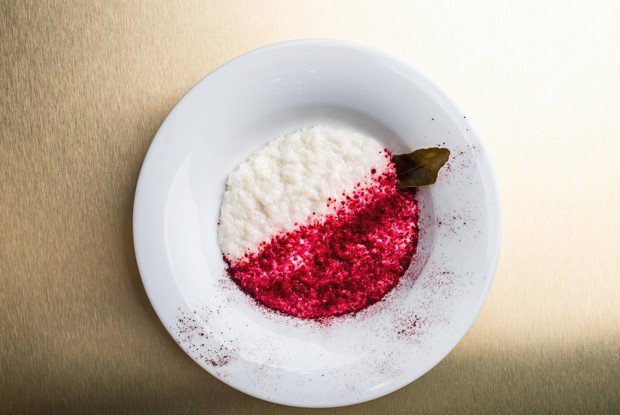 Рисовая каша на кокосовом молоке с каффирским лаймом и свекольной пылью