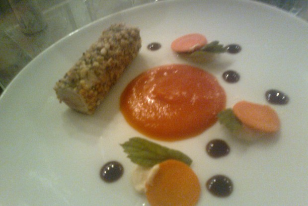 Ролл из свинины с креветкой, в панировке из трав и орехов, с пюре из сладкого картофеля