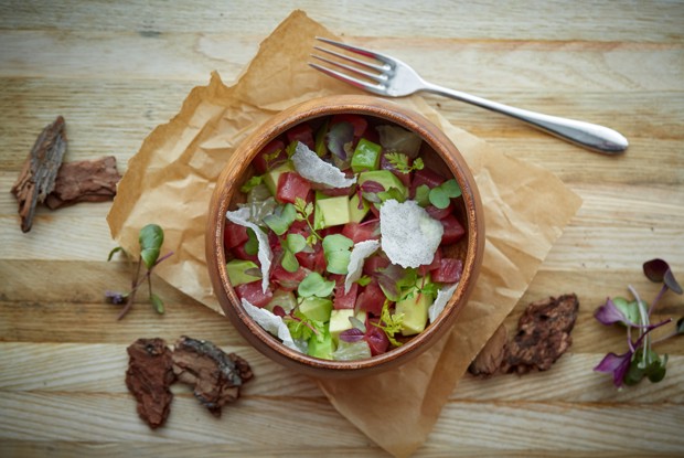 Рубленый тунец с авокадо и рисовыми чипсами