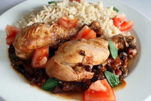 Румяная тушеная курица в томатном соусе со специями